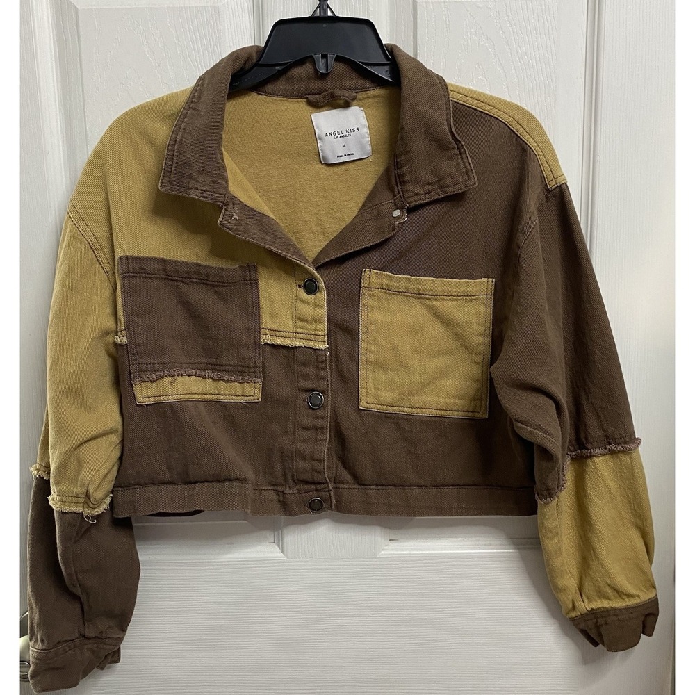 Angel‎ Kiss Women Brown Denim Colorblock Jean Jacket Junior Cropped Distressed M